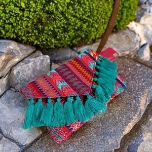 Ethnic Boho Large Clutch Suede Wristlet Bag Handmade Embroidery Tassels Indi NEW